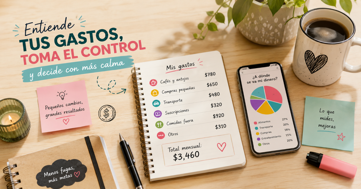 Plan de gastos diarios con frascos de ahorro, monedas y calculadora.