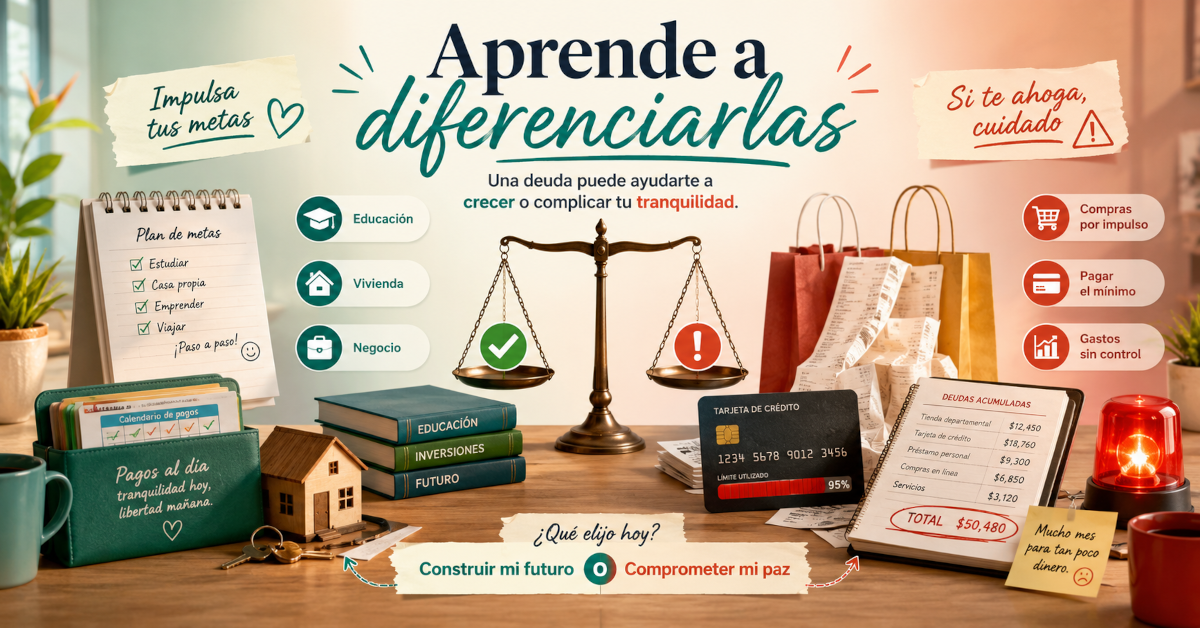 Pareja revisando sus metas financieras junto a una alcancía y monedas.