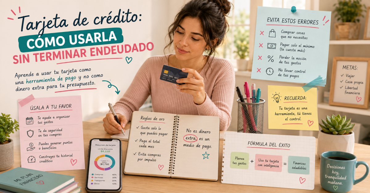 Pareja revisando sus finanzas con una libreta, monedas y una alcancía.