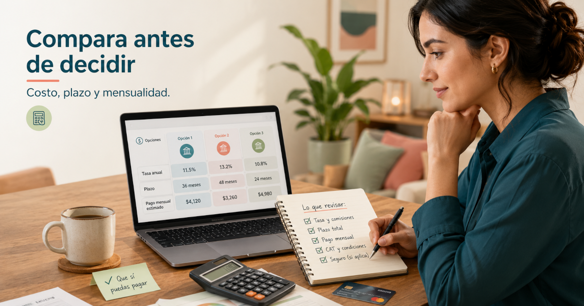 Persona comparando las condiciones de un crédito personal con una calculadora.