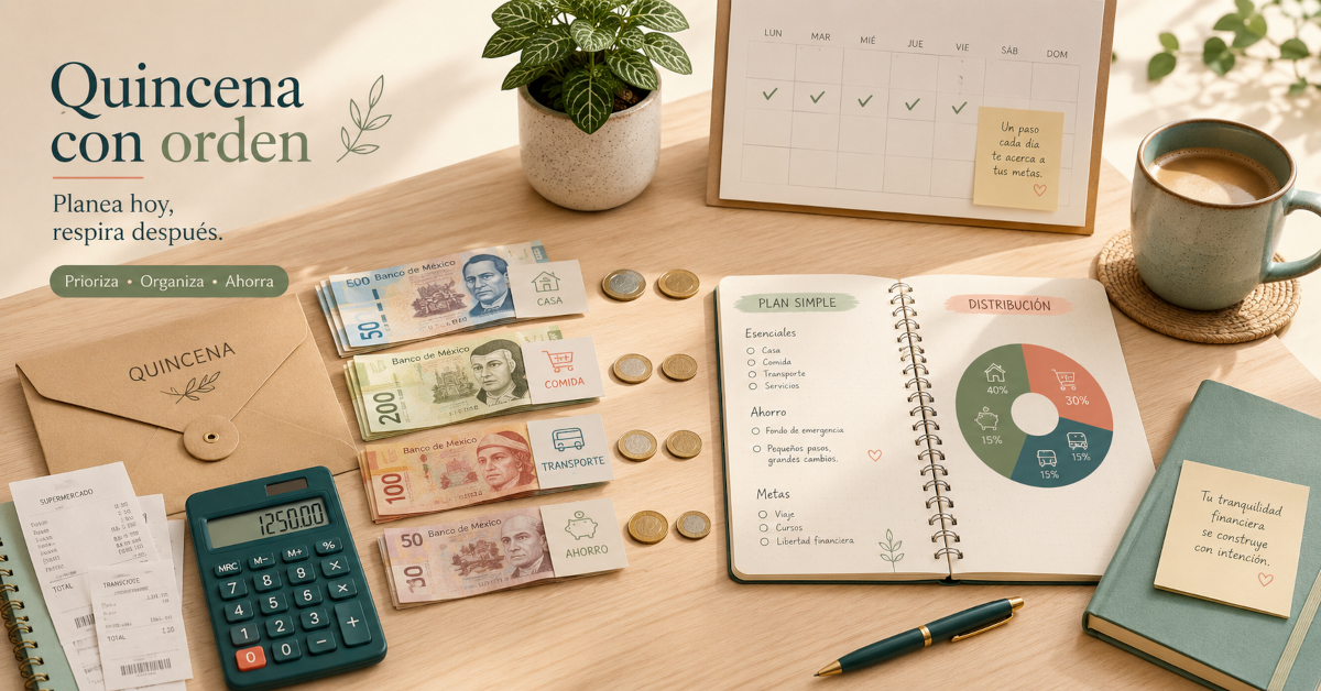 Persona organizando su dinero de quincena con monedas y una libreta.