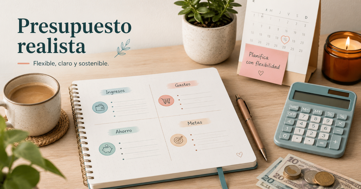 Persona organizando su presupuesto con una libreta, monedas y una calculadora.